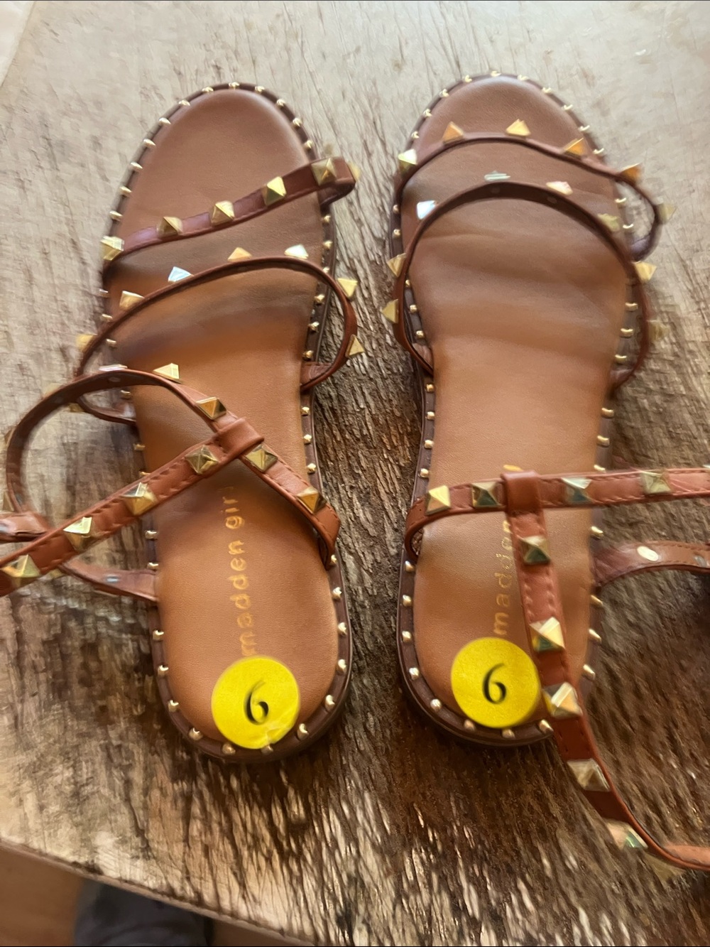 Madden Girl Brown Pyramid Stud Strappy Flat Sandals